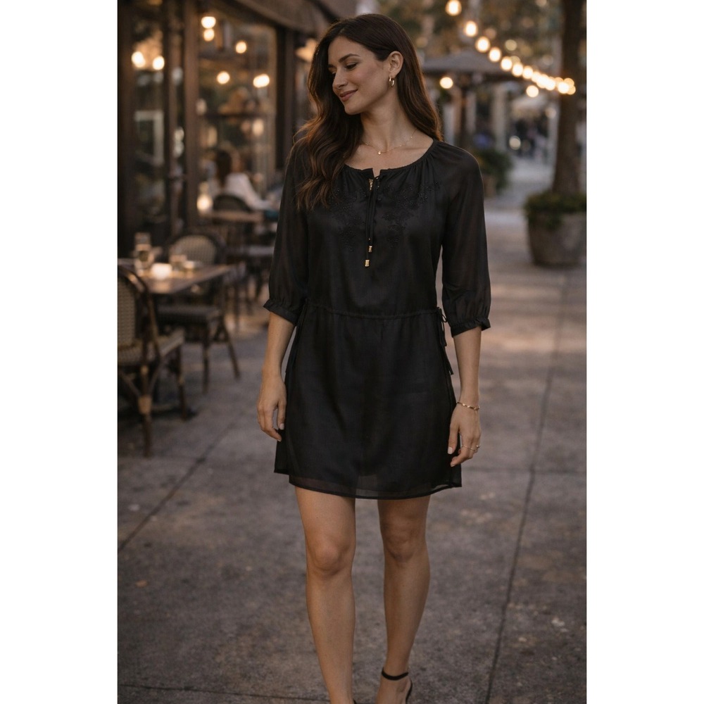 Ralph Lauren Silk Eyelet Lace Mini Dress 3/4 Sleeve Black Petite S‎